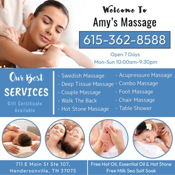 Amy’s Massage - Walk-in & Appointment Welcome - Massage Near Me - Hendersonville, Tennessee Amy’s Massage - Walk-in & Appointment Welcome - Massage Near Me - Hendersonville, Tennessee