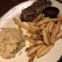 New York Strip Steak with Mashed Potatoes and Sea-Salted Fries