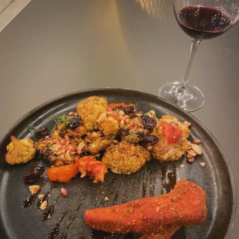 Root Down - vadouvan cauliflower with crispy tofu (+ a glass of red) - New American Near Me - Denver, Colorado