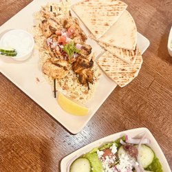 The Great Greek Mediterranean Grill - Chicken Souvlaki and Greek salad
