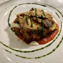 La Bouganville - Eggplant parmesan with cherry tomatoes and basil cream
