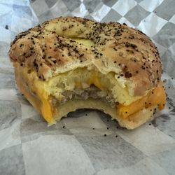 Sausage egg and cheese on an everything bagel