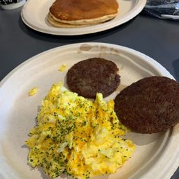 Pancakes, scrambled eggs, and sausage Pancakes, scrambled eggs, and sausage