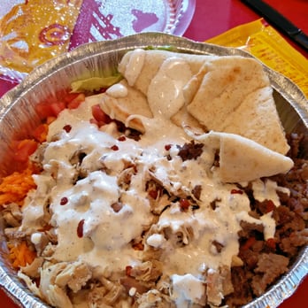 The Halal Guys - drops of red sauce is the key - Halal Near Me - Costa Mesa, California