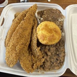 2pc catfish plate w/ black eyes, rice & gravy, and a cornbread muffin 2pc catfish plate w/ black eyes, rice & gravy, and a cornbread muffin