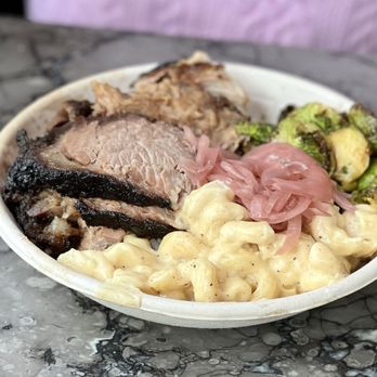 Mighty Quinn's Barbeque - Rice Bowl with Brisket and extra Pulled Pork, Mac & Cheese, and Roasted Brussels - Barbeque Near Me - New York, New York Mighty Quinn's Barbeque - Rice Bowl with Brisket and extra Pulled Pork, Mac & Cheese, and Roasted Brussels - Barbeque Near Me - New York, New York
