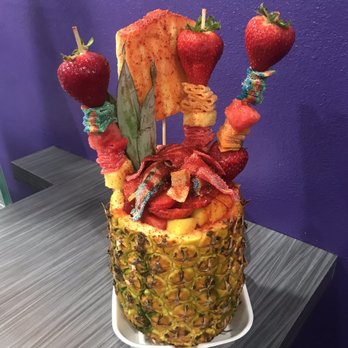 Crazy About Mangonadas - Pina loca filled with fruit and topped with candy and chamoy and Lucas - Shaved Ice Near Me - San Juan, Texas