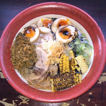 Bone Daddies - Tonkotsu ramen with extras: corn, egg and chicken cock scratchings - Japanese Near Me - London, XGL