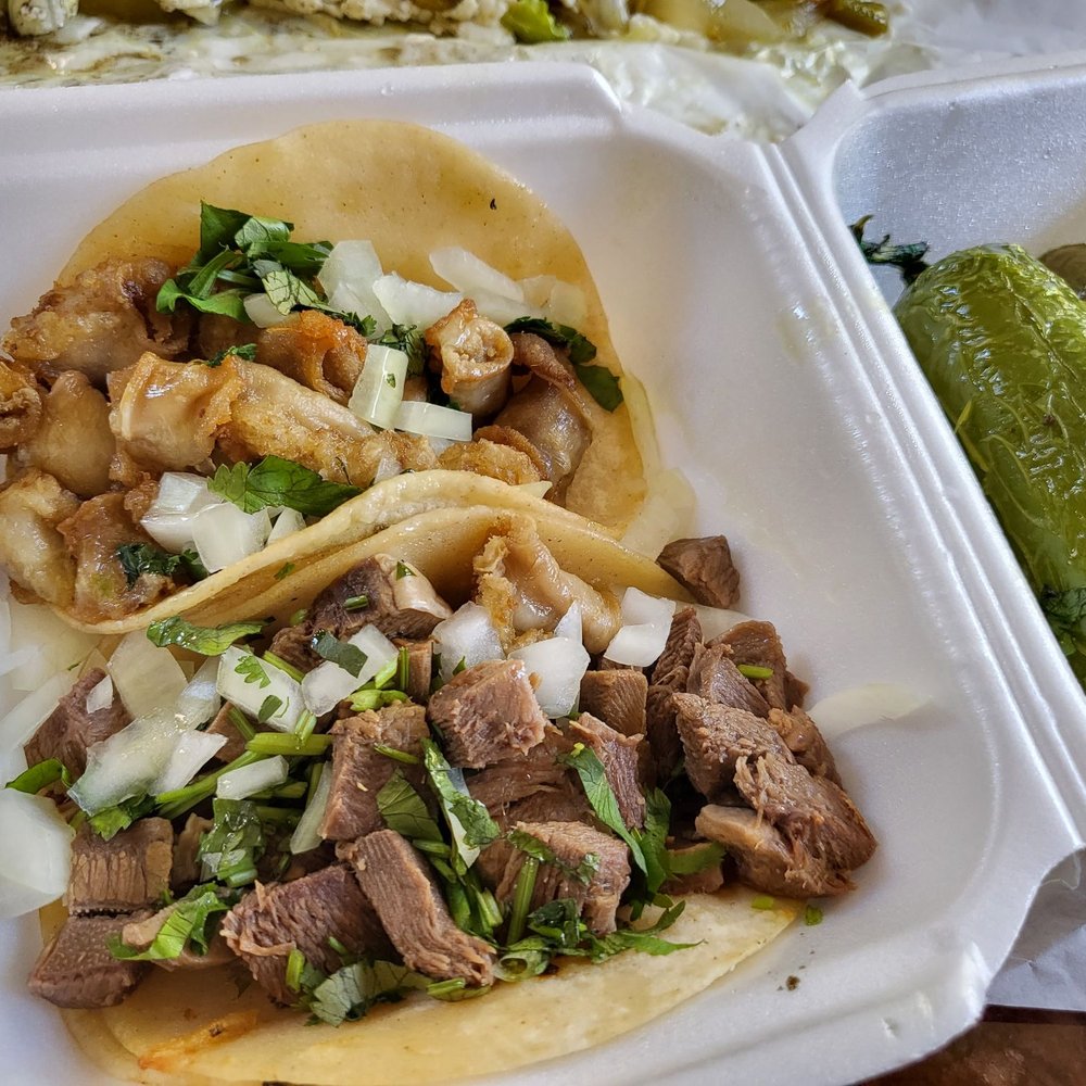 Las Salsas Taqueria - Top: Tripa Taco ($2.49) Bottom: Lengua Taco ($2.49) Loved the Tripa Taco!  10/5/2022 - Mexican Near Me - Orange, California