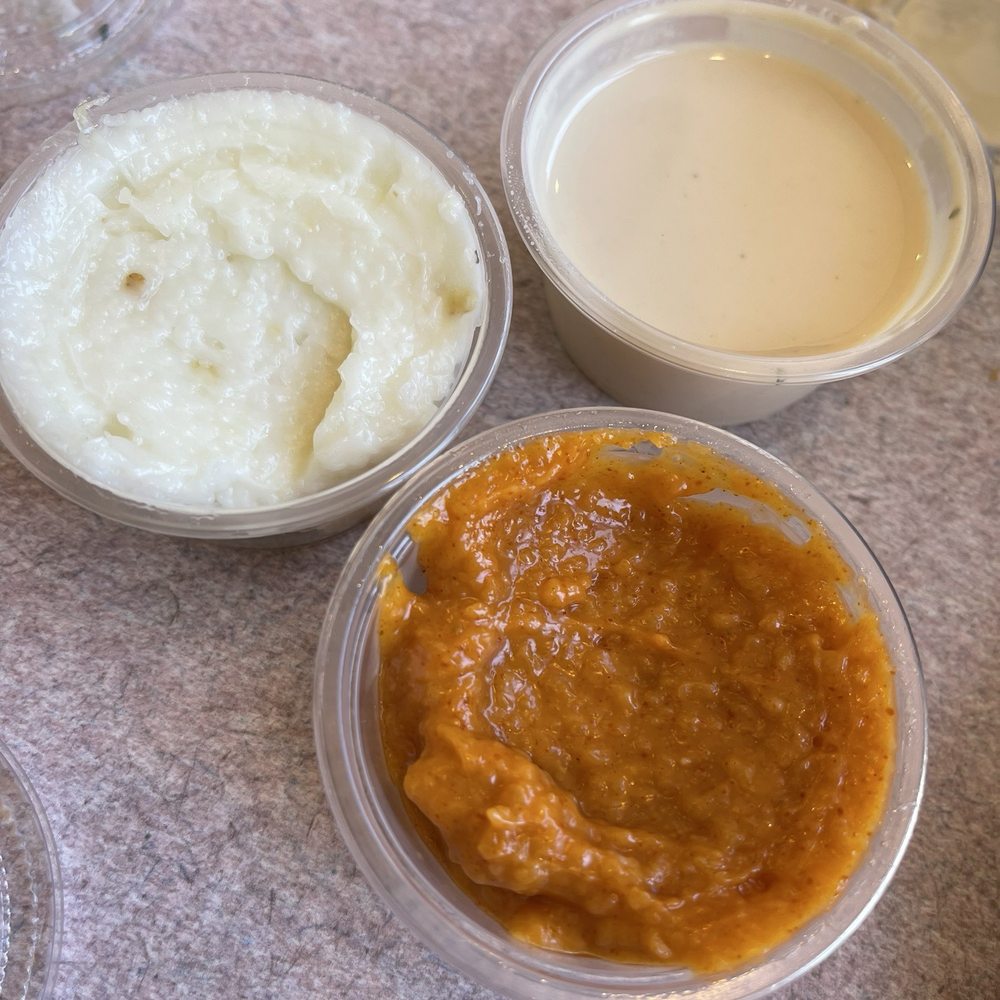 Aristo Cafe - Garlic cream, tahini sauce and spicy garlic sauce. - Mediterranean Near Me - Torrance, California