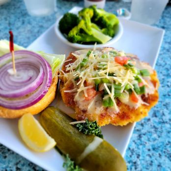 Lazy Days Restaurant - Conch fritter sandwich (side broccoli) - Seafood Near Me - Islamorada, Florida Lazy Days Restaurant - Conch fritter sandwich (side broccoli) - Seafood Near Me - Islamorada, Florida