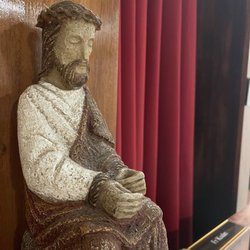 St Vitus Catholic Church - A statue of Our Lord outside of the traditional confessionals.