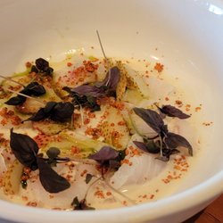 Bar Miriam - Chilean Sea Bass Crudo: "ajo blanco, hatch chili, green strawberry, bbq almond, purple basil"