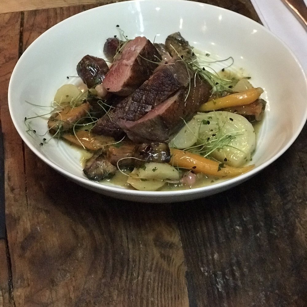 Foraged. A Hyper Seasonal Eatery - Duck Breast with sweet potatoes and some other veggies. - New American Near Me - Baltimore, Maryland