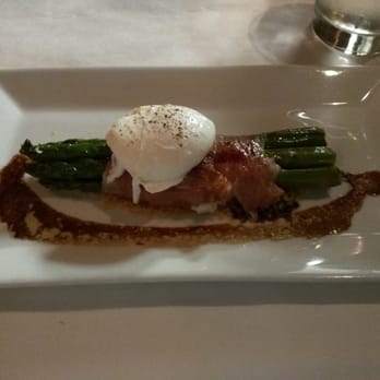 kitchen - Asparagus and egg with proscuito and bread crumbs. Breaking the yolk results in a marvelous taste with the crumbs - Comfort Food Near Me - West Palm Beach, Florida