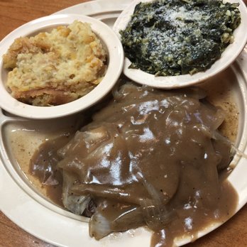 Cupboard Restaurant - Hamburger steak corn pudding and Italian spinach - Southern Near Me - Memphis, Tennessee
