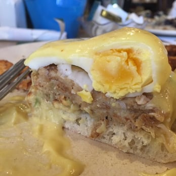 The Chalkboard Kitchen - Toasted english muffin, check, decent  crab cake, check, hollandaise, check, eggs, totally wrecked and over cooked! totally dissapointed... - Breakfast & Brunch Near Me - South Haven, Michigan