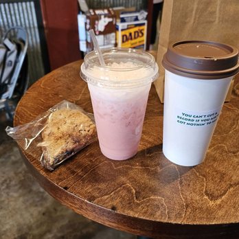 Coffee Crossing - Italian soda with huckleberry and vanilla, cherry almond vanilla scone, and oatmilk latte - Coffee & Tea Near Me - Livingston, Montana Coffee Crossing - Italian soda with huckleberry and vanilla, cherry almond vanilla scone, and oatmilk latte - Coffee & Tea Near Me - Livingston, Montana