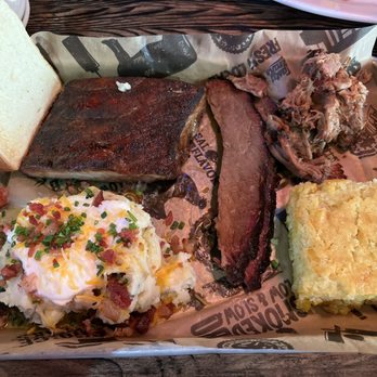 Salty Joe's BBQ Shop - Brisket ribs and pulled pork. Baked potato and corn pudding...all very delicious! - Barbeque Near Me - Hammond, Louisiana