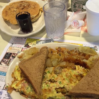 Round The Clock Diner - Round the clock omelette w/ 2 cinnamon pecan pancakes. Everything was delicious!! - Diners Near Me - York, Pennsylvania
