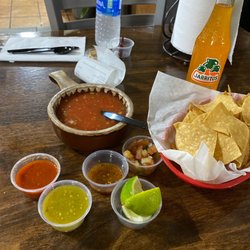 El Charro Authentic - Chips and salsa and items from salsa bar.