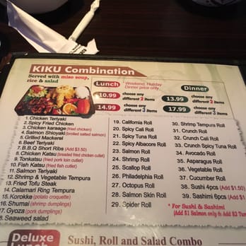 Kiku Sushi - A bit of the menu! Shows lunch and dinner possible combinations. - Japanese Near Me - Monrovia, California Kiku Sushi - A bit of the menu! Shows lunch and dinner possible combinations. - Japanese Near Me - Monrovia, California