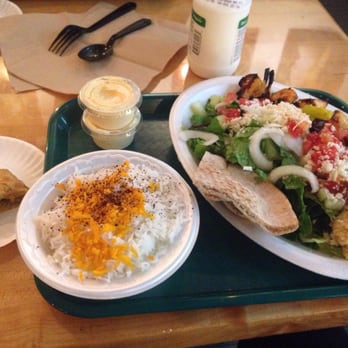 Rice Mediterranean Kitchen - Chicken kabob platter with a tougher drink and pistachio baklava - Mediterranean Near Me - Miami, Florida