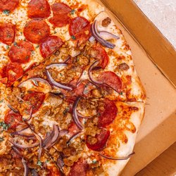 JD’s Pizza - Half pepperoni, half pepperoni / sausage / red onion