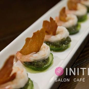 Initium - a long rectangular plate with shrimp and cucumber appetizers - Hair Salons Near Me - Markham, Ontario