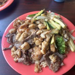 Hibachi chicken, steak and shrimp with veggies and fried rice. Also came with soup. Sooooooo good and so much food for a great price! Hibachi chicken, steak and shrimp with veggies and fried rice. Also came with soup. Sooooooo good and so much food for a great price!