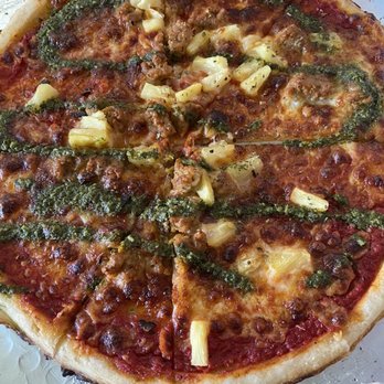 Blaze Pizza - The pesto sauce dumped over the top of my pineapple pizza I didn't ask for.  Not to mention raw dough. - Salad Near Me - Bakersfield, California