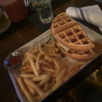 The Horny Ram - chicken and waffles sandwich - New American Near Me - New York, New York The Horny Ram - chicken and waffles sandwich - New American Near Me - New York, New York
