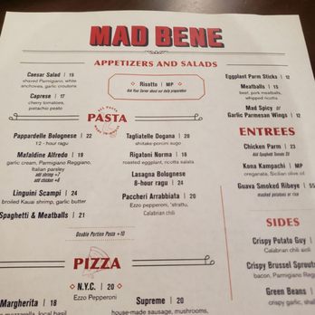 Mad Bene - Front side of menu. A wide selection of drinks are on the back. - Italian Near Me - Kapolei, Hawaii Mad Bene - Front side of menu. A wide selection of drinks are on the back. - Italian Near Me - Kapolei, Hawaii