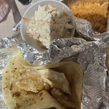 Lime Tequila - Fish tacos with the "slaw" (basic canned mayo-based southern Cole slaw) amd basic boring "Spanish rice" - Mexican Near Me - Port Charlotte, Florida