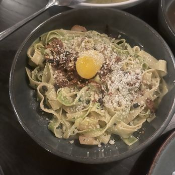 Maxwells Trading - Hay & Straw - fettuccine, garlic chives, confit potato, dry vermouth, chili crisp, parmesan cheese, poached egg - New American Near Me - Chicago, Illinois Maxwells Trading - Hay & Straw - fettuccine, garlic chives, confit potato, dry vermouth, chili crisp, parmesan cheese, poached egg - New American Near Me - Chicago, Illinois