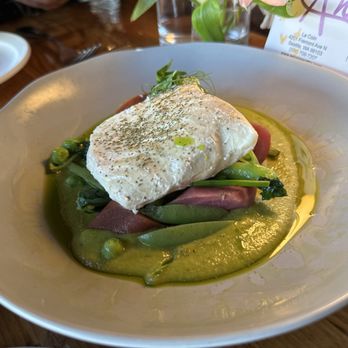 Le Coin - Poached PNW Halibut - Snap Peas / English Peas / Glazed Carrots / English Pea Purée - Seafood Near Me - Seattle, Washington