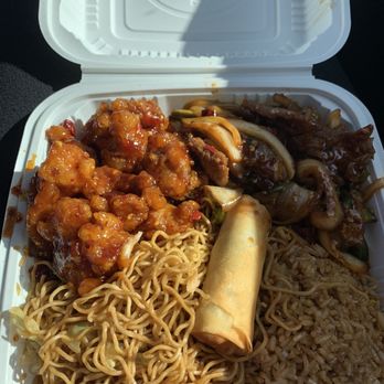 Asia Delight - Chow mein fried rice orange chicken Mongolian beef and an egg roll - Asian Fusion Near Me - San Pablo, California