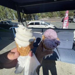 Vanilla large ice cream with homemade waffle cone, then Huckleberry ice cream,