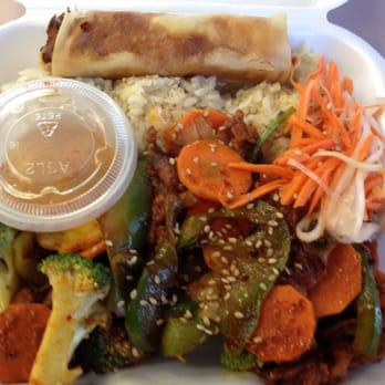 Megabytes Eatery - Mega spicy bowl (spicy pork on rice -white or brown, veggies, egg roll, pickled veggies) for $7.  I added a fried egg for $1. - Delis Near Me - Chantilly, Virginia