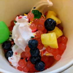 Yobe Frozen Yogurt - Strawberry with various toppings.