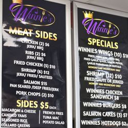 Winnies Takeout - Right side menu above the counter. Look at those specials. 10 wings for $10. 12 shrimp for $10. Super delicious & value prices.