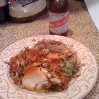 Cha Thai Restaurant - A plate at home made up from their takeout. Pad Thai basil chicken, lobster fried rice, with BBQ chicken - Thai Near Me - Orange, California