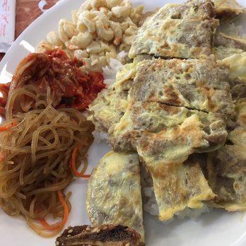 Ohana Kitchen - Meat jun with sides of Kim chee, chap chae & macaroni salad - Korean Near Me - Burien, Washington