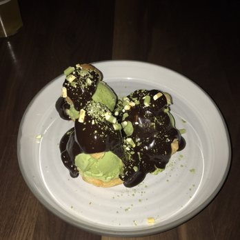 Little Donkey - Matcha profiteroles with dark chocolate hot fudge. Probably my favorite thing on the menu - Tapas/Small Plates Near Me - Cambridge, Massachusetts
