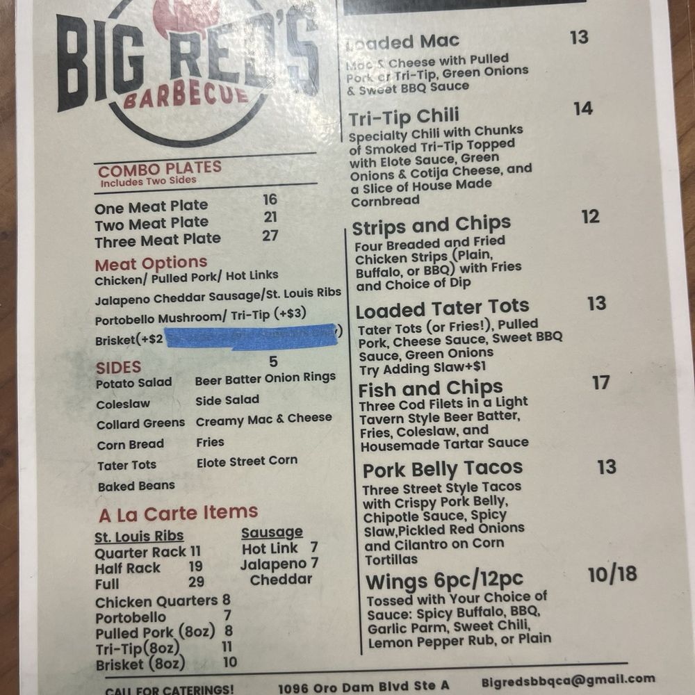 Big Red’s BBQ - Here's the menu! So many things to try!! - Desserts Near Me - Oroville, California Big Red’s BBQ - Here's the menu! So many things to try!! - Desserts Near Me - Oroville, California