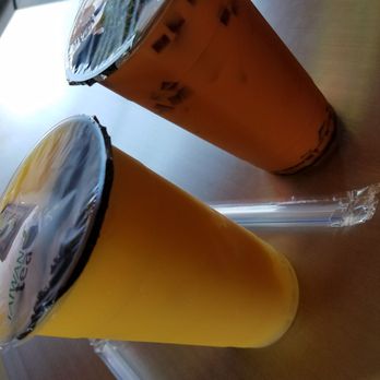 Kim's Tea House - Mango slurry with pineapple jelly and thai tea with coffee jelly - Bubble Tea Near Me - Houston, Texas Kim's Tea House - Mango slurry with pineapple jelly and thai tea with coffee jelly - Bubble Tea Near Me - Houston, Texas