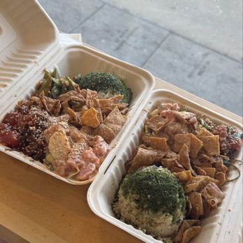 Jus' Poke - the one on the right is sweet heat and Spicy. - Hawaiian Near Me - Redondo Beach, California Jus' Poke - the one on the right is sweet heat and Spicy. - Hawaiian Near Me - Redondo Beach, California