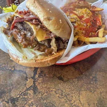 Golden Eagle Burger Cafe - The Look. Colossal Burger and Sm. Chili Cheese Fry. - Burgers Near Me - Gardena, California