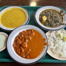 Chili Chicken, spinach and potatoes and dal.