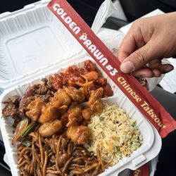 Golden Prawn #3 - 3 item combo half lo mein and half fried rice.  Sweet and sour pork, Mongolian beef, orange chicken.